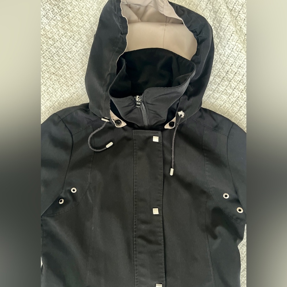 Jones New York Coat Anorak Black Tan Lined Detachable Hood Short Coat SZ:XS-S - Picture 4 of 9